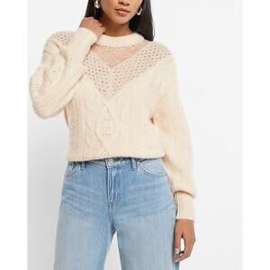 EXPRESS NWT Cream Cable Knit Crew Neck Lace Sweater Long Sleeve Women's XS